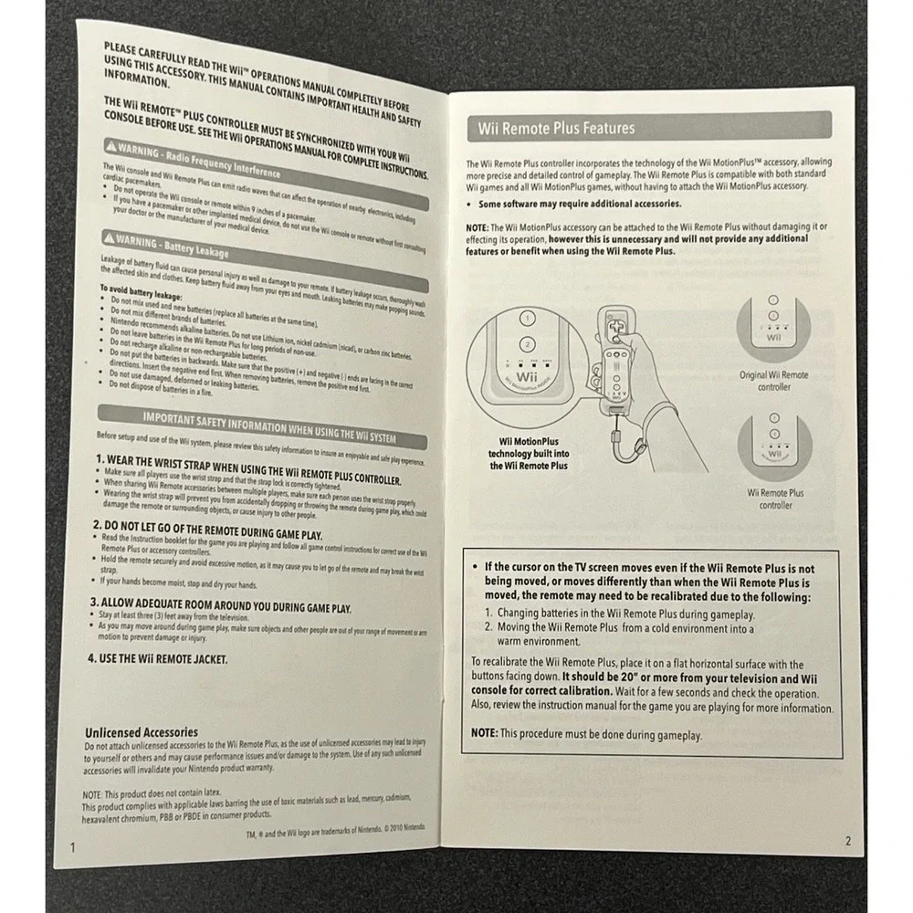 Wii Remote Plus Controller Nintendo Wii Operations Manual Only